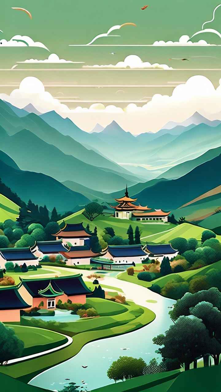 青山绿色村庄插画 31