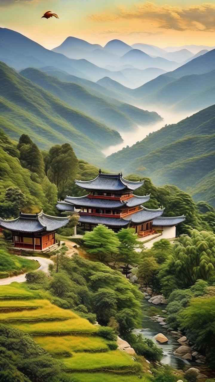 青山绿色村庄插画 38