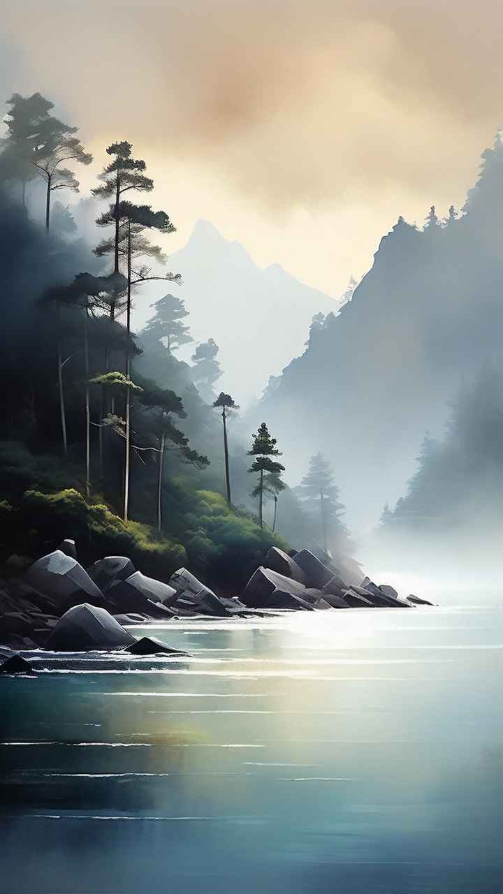 雾气缭绕水墨山水画简约风格 53