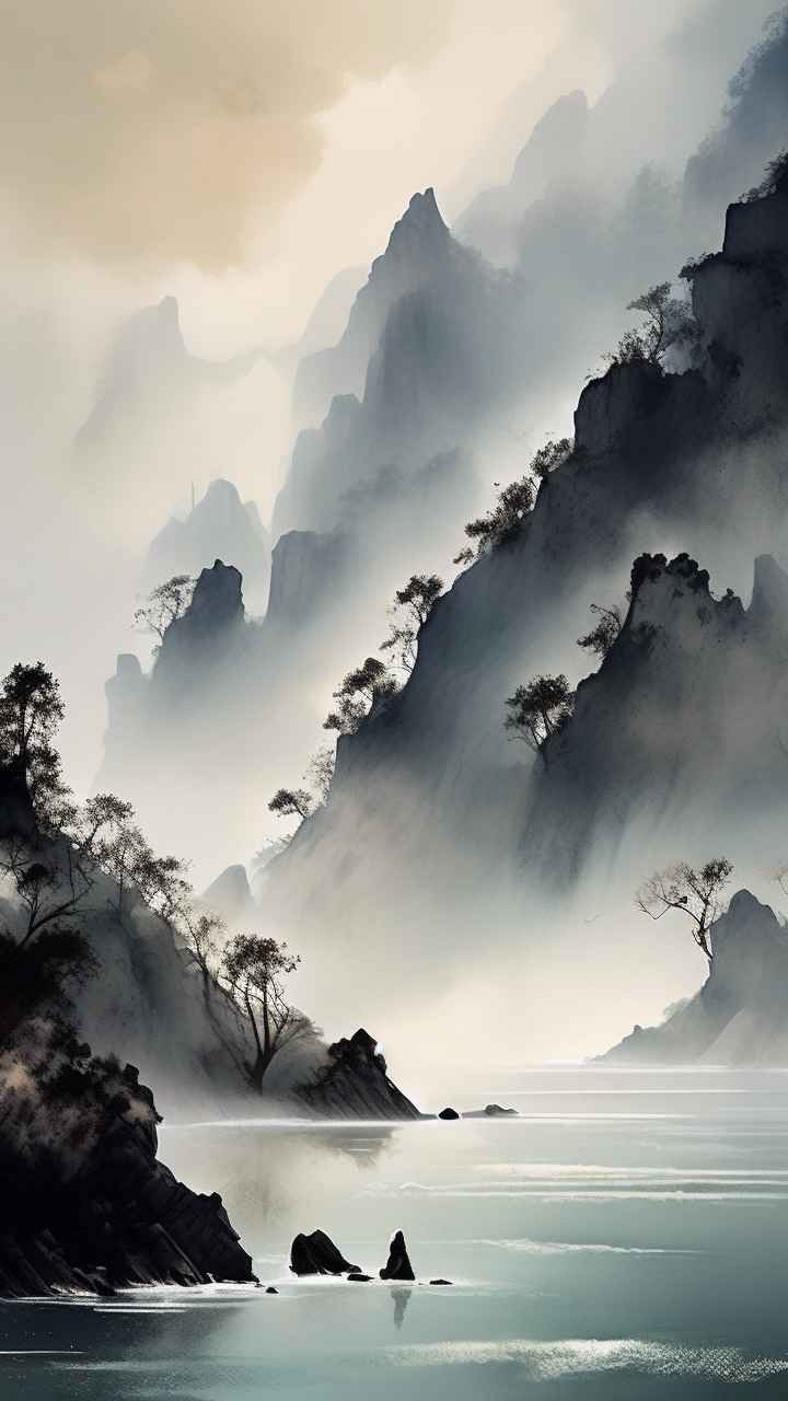 雾气缭绕水墨山水画简约风格 92