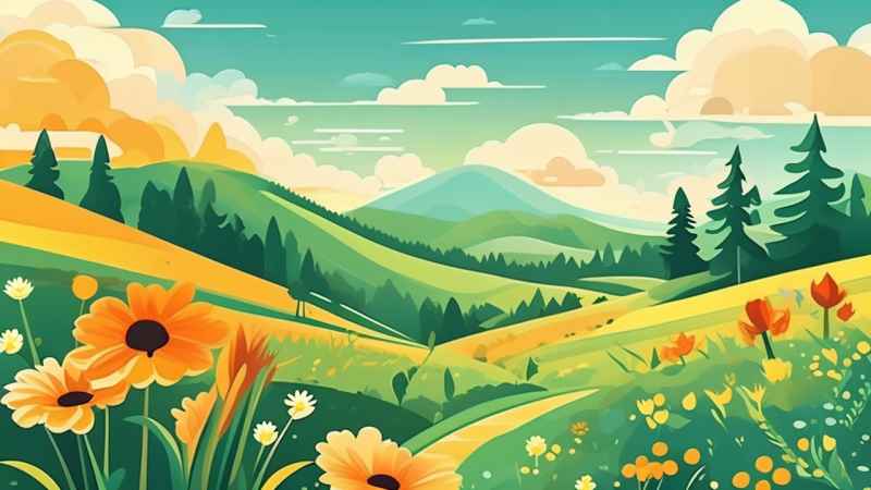 一幅乡村鲜花插画形式柔和圆润背景明亮 4