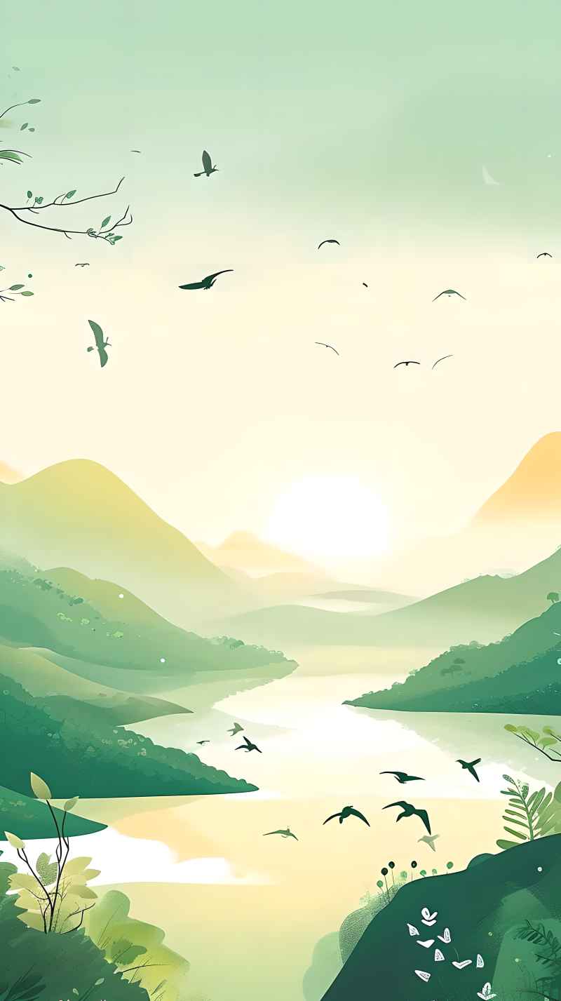 一幅卡通风景画上面有一条河和几只鸟 11