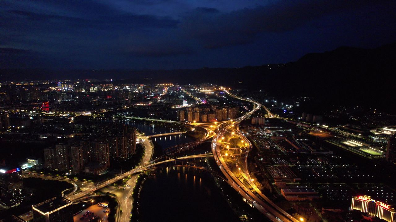 福建福州闽江两岸夜景航拍 