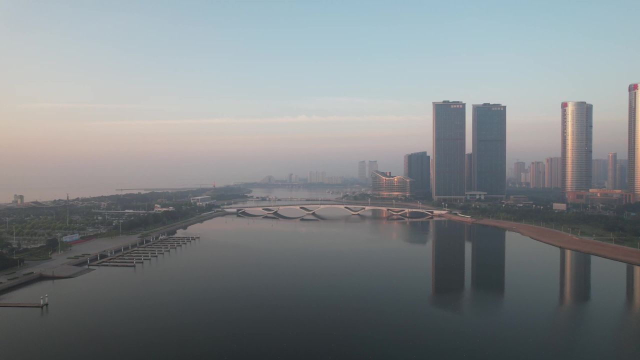 山东日照城市清晨高楼建筑航拍 