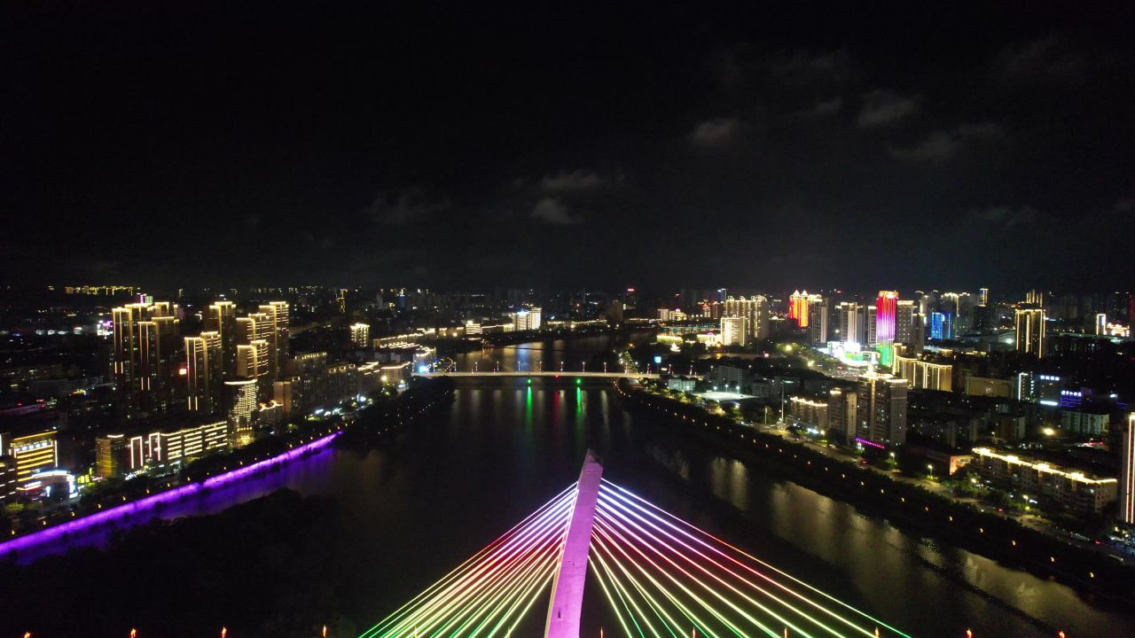 江西赣州飞龙大桥夜景灯光航拍