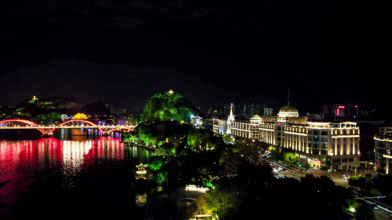 航拍广西柳州城市夜景灯光  