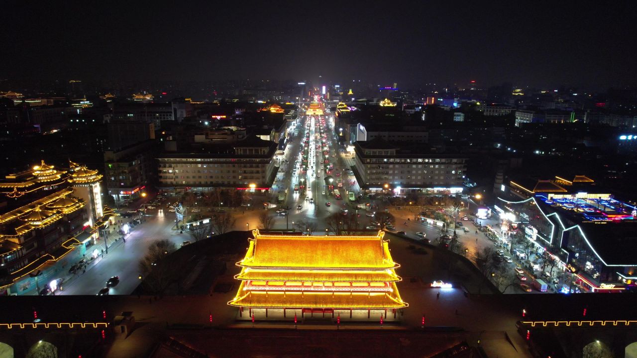 西安永宁门夜景灯光航拍