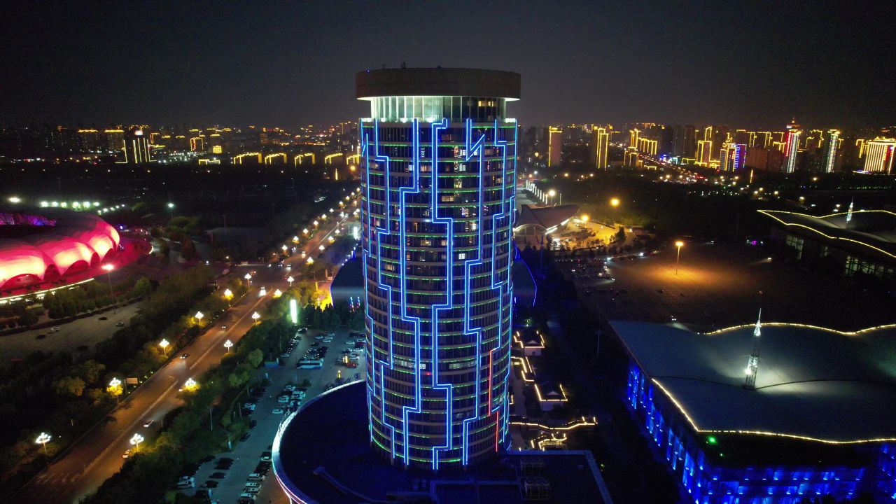 河北沧州城市夜景灯光航拍