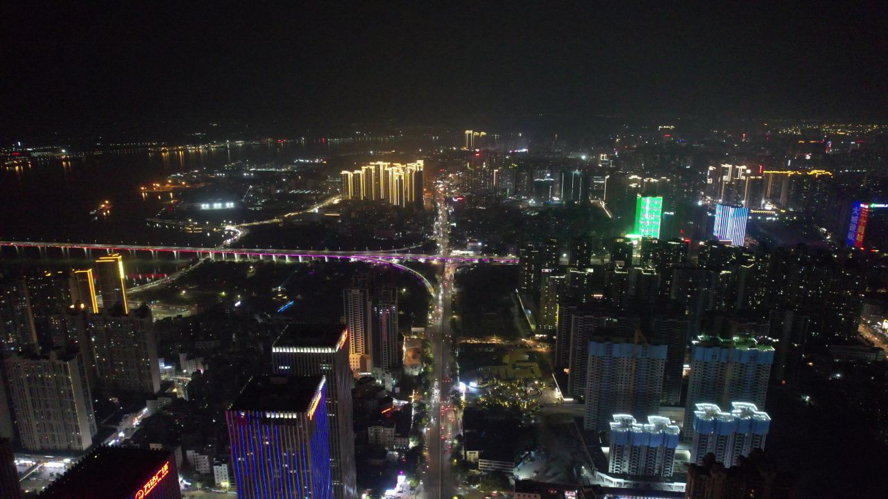 广东湛江城市夜景灯光交通航拍