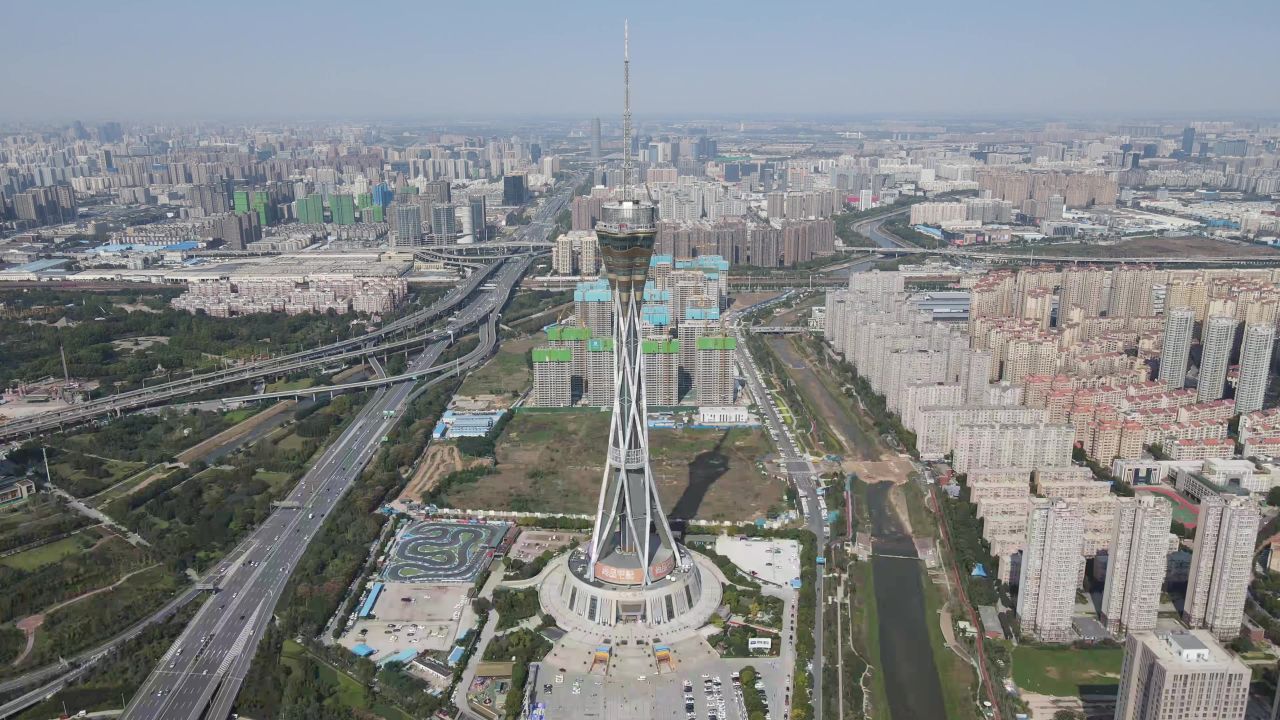 河南郑州中原福塔地标建筑航拍