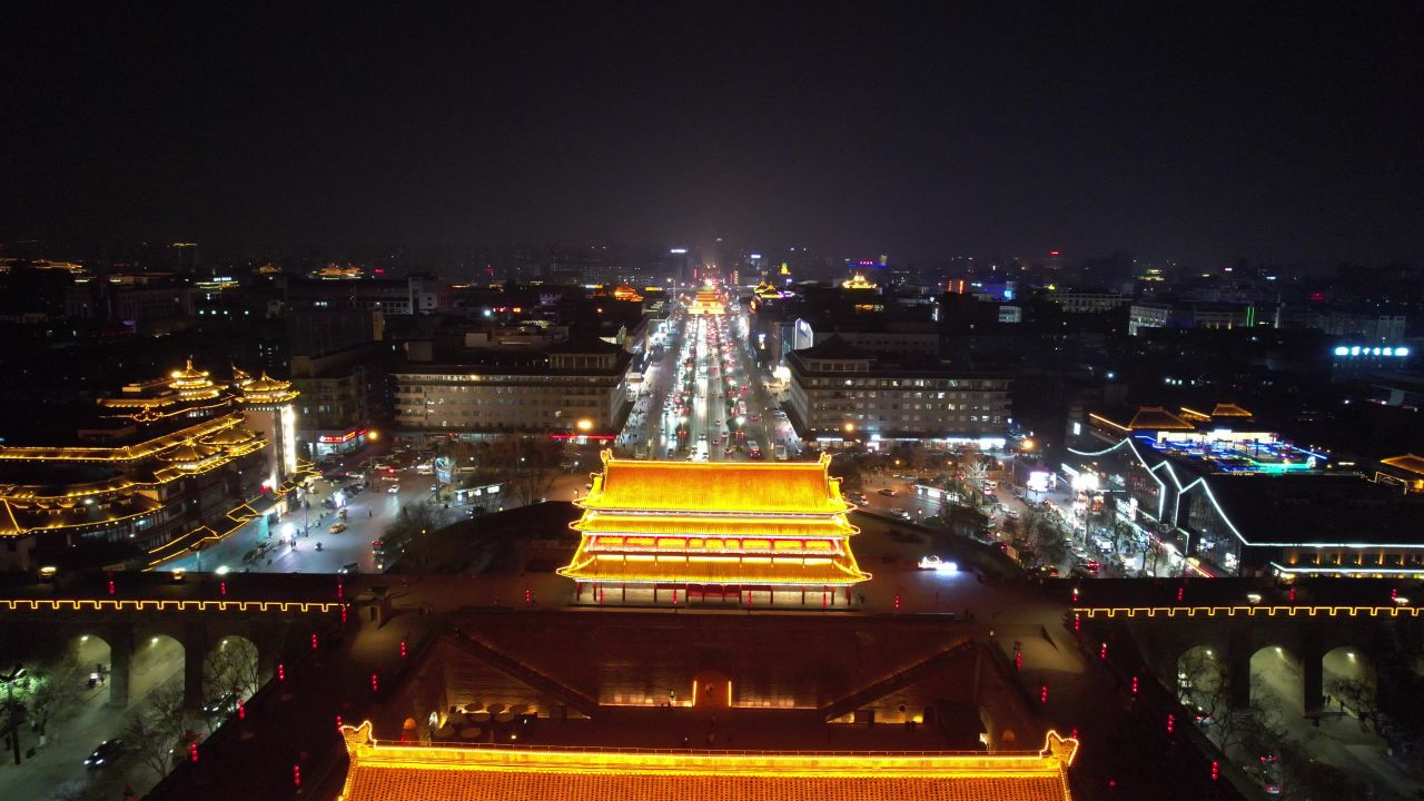 西安永宁门夜景灯光航拍