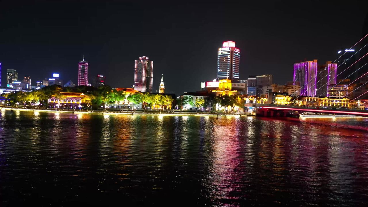 航拍浙江宁波老外滩夜景