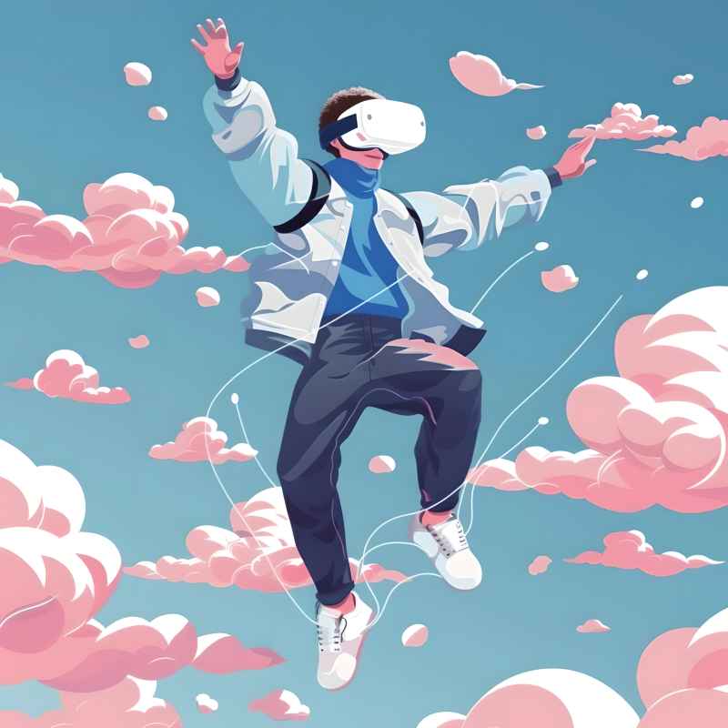 一个戴着VR眼镜的年轻人在空中飞翔，平面插画风格 7