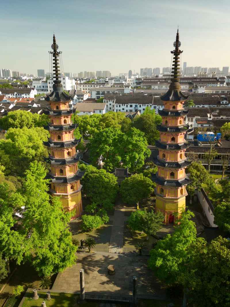 苏州 双塔 古塔 古建 历史 定慧寺 航拍 古建筑 罗汉院 春天 旅游 江南