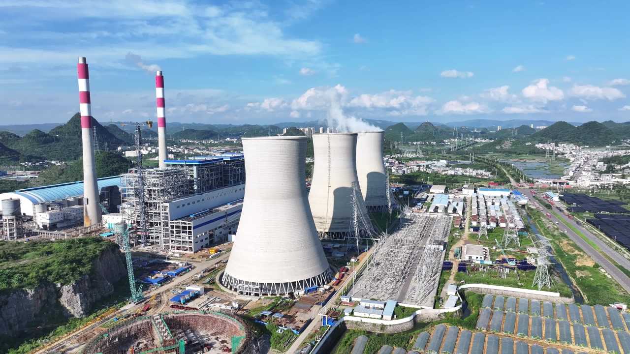 电力设施 火电厂发电高压输电线供电航拍