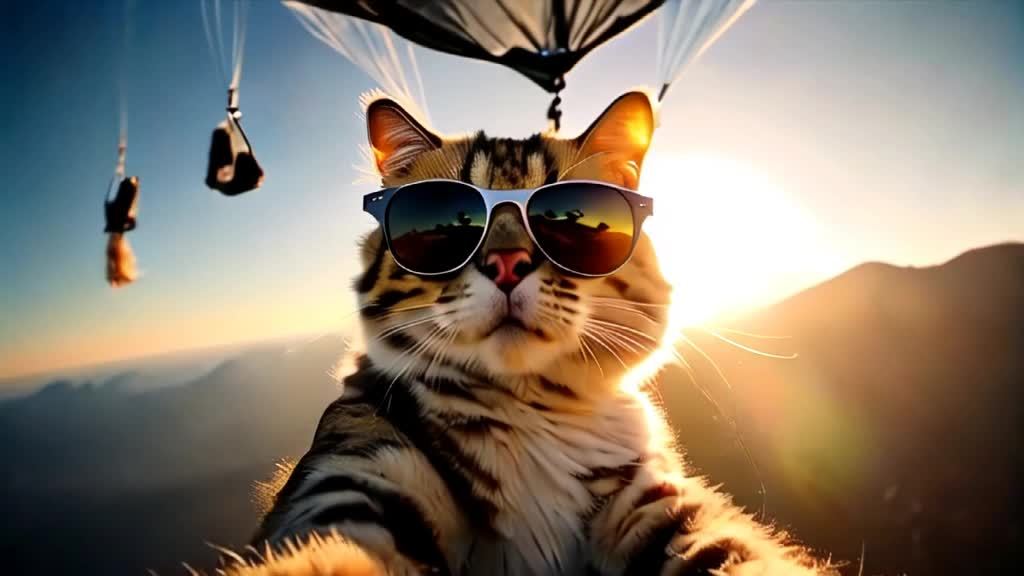 一只时尚的猫咪戴着太阳镜,悬挂在降落伞上。在一个阳光明媚且风景如画的天气里,伴随着风的吹拂,它驾驭着天空中的水晶般碎片作为背景。