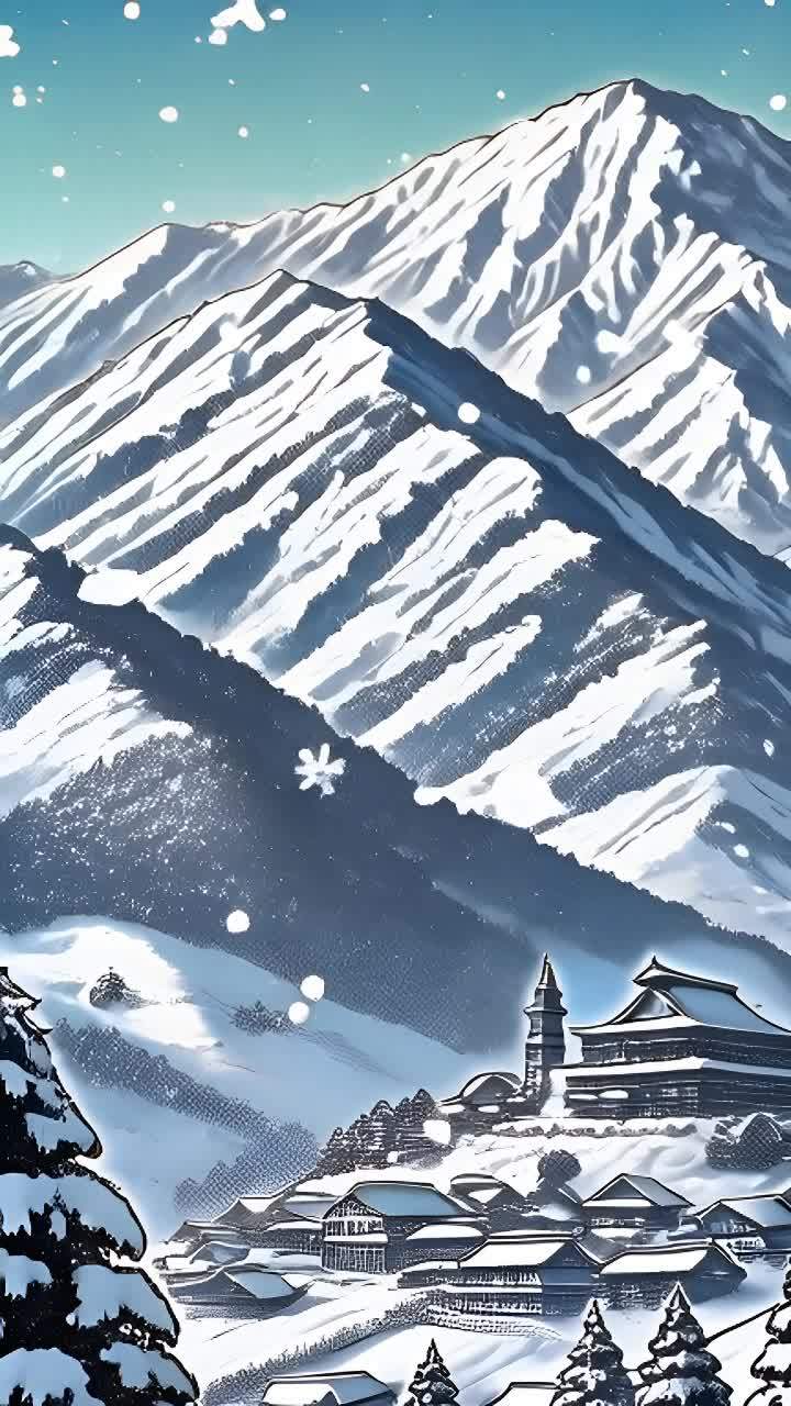 雪山小镇:雪覆盖着群山环绕的小镇。房屋被白雪覆盖,屋顶上积满了厚厚的雪。树木也被雪覆盖,树枝因积雪过重而弯曲。一座古老的寺庙矗立在小镇的一侧,其建筑风格独特,屋顶覆盖着厚厚的雪。天空是蓝色的,飘着雪花。