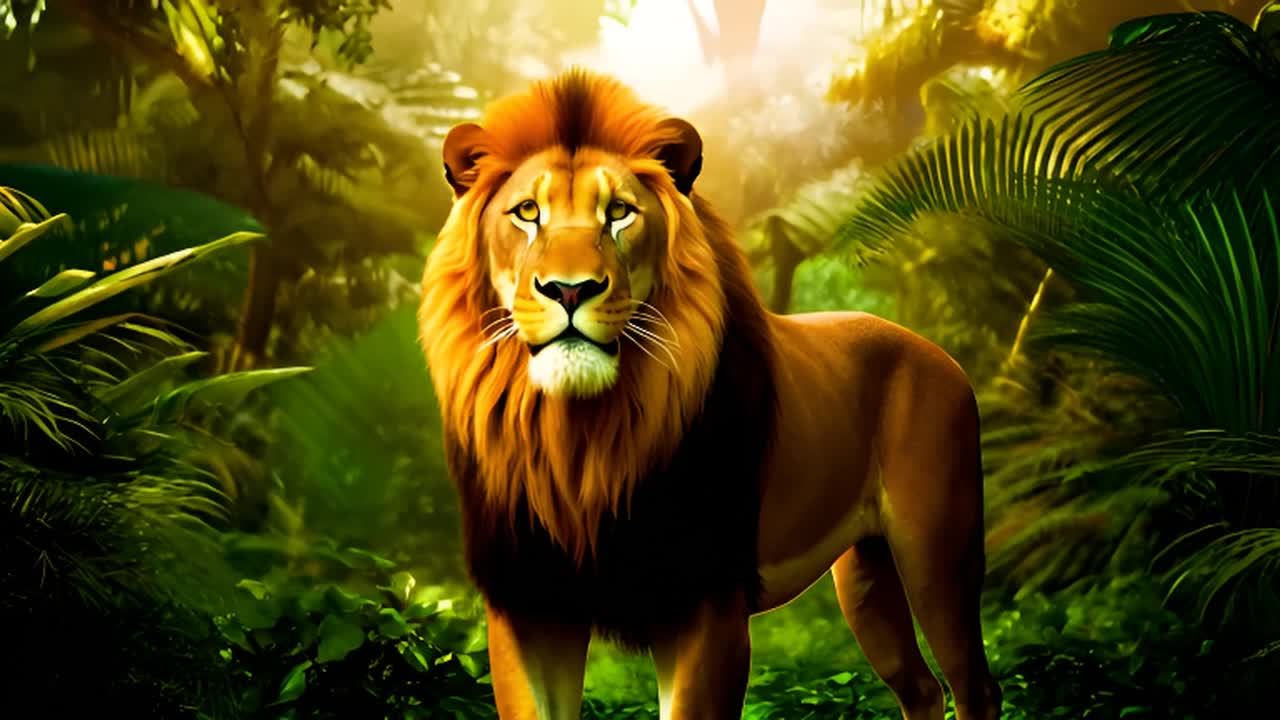 森林中央,一头雄伟的金色狮子王者屹立,象征着勇敢与力量。阳光透过茂密的树冠层洒下,温暖的金色光芒照亮了他的鬃毛和他强壮有力的身躯。这个充满生机的丛林,是这位兽中之王的合适背景,象征着他的统治力和威严。