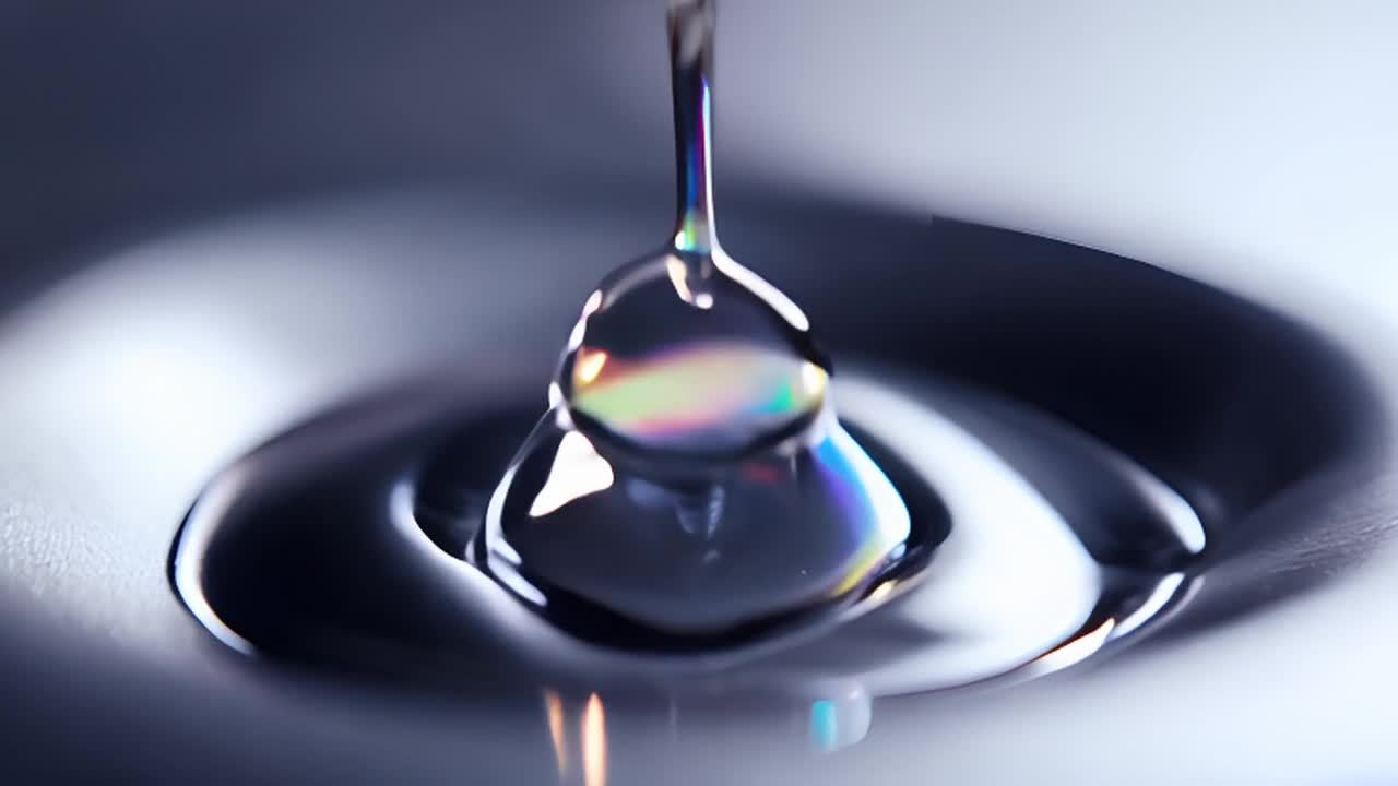 一滴汞落在光滑的表面上。相机从远处移动到近处捕捉液态金属独特的表面张力以及它形成完美球体的方式。汞反射光线,产生令人着迷的虹彩效果。