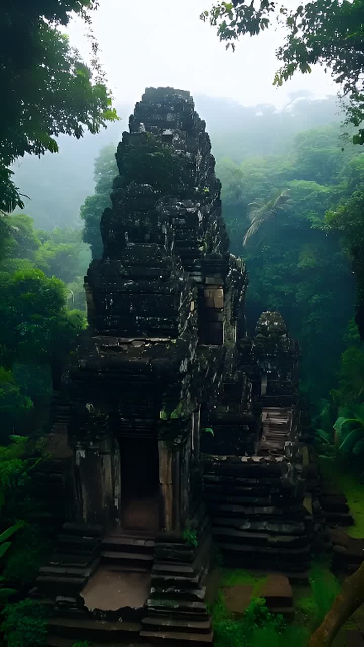 丛林深处，一座古老的寺庙矗立在那里。历经风雨侵蚀的石墙虽然残破不堪，但仍顽强地抵御着岁月的侵袭。