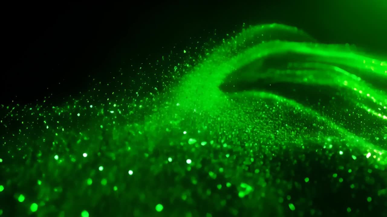 绿色闪光颗粒波动:一串绿色的闪光颗粒在空中倾泻而下。这些闪光颗粒闪烁着舞动,随着它们分散开来。动态运动,鲜艳的绿色调,超凡脱俗的氛围。