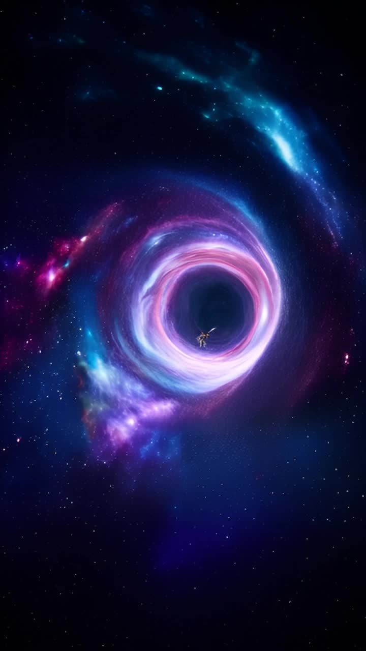 图像展示了一个宇宙虫洞,它旋转着充满活力的色彩和宇宙能量。虫洞周围是璀璨星空,虫洞中心似乎有一个巨大的黑洞。这个虫洞呈现出明亮的粉红色、紫色和蓝色调,形成了一个迷人的漩涡状结构。周围的星空中散布着星星点点,为整个景象增添了神秘而壮观的氛围。在这个虫洞的中心,我们可以看到一个黑色的洞穴,这表明这是一个强大的引力源。黑洞的存在使得虫洞具有独特的性质,允许物质和时间以一种不可思议的方式弯曲。总的来说,这张图片给人一种探索未知宇宙的感觉,激发了人们对太空的好奇心和想象力。