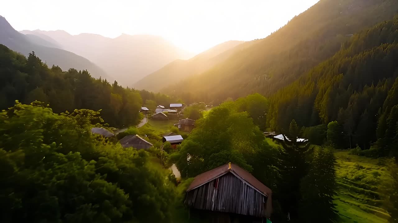 在某个时刻,一个小村庄坐落在广袤山脉和苍翠森林之间。镜头缓缓推进,展现出一幅宁静的景色:茂密的植被、巍峨的山峰、古朴的小屋和蜿蜒的小径。清晨的光线透过树木,柔和地照耀着这个村庄。