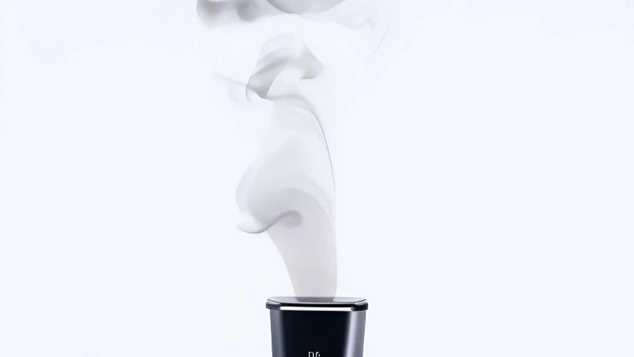 烟雾从设备中缓缓升起,形成优雅而复杂的图案。这些烟雾呈现出轻盈的姿态,仿佛在空中翩翩起舞。该设备的造型简洁大方,设计现代感十足。它静静地放置在一个简约的环境中,与周围的白色背景相得益彰。整个场景给人一种宁静、舒适的感觉,同时也展现了科技与艺术的完美结合。