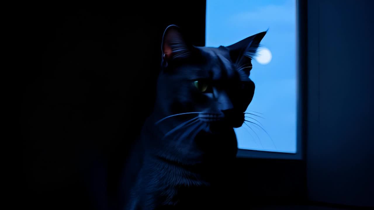 一只灰色的猫咪静静地坐在窗边,只有皎洁的月光洒落在它的身上。随着相机的缓缓推进,猫咪的目光紧紧地锁定着镜头,营造出一种神秘而宁静的氛围。