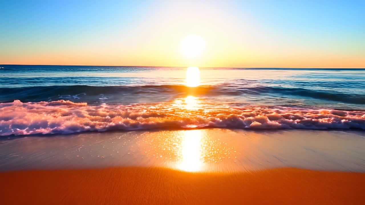 海浪轻柔地拍打着沙滩。太阳的光芒洒在海面上,反射出温暖的金色光芒。细腻的海泡沫缓缓地在沙滩上滑动。这个宁静而沉思的场景象征着和平与自然节奏,让人感受到放松和被引领的感觉。天空晴朗,从蓝色渐变为橙色和粉色,色彩鲜明而热烈。