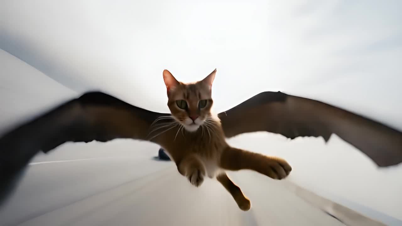 一只长着翅膀的猫正在高速公路上空飞行追赶一辆汽车。猫的毛发因为风速而飘扬起来。摄像机从下方跟随猫,然后切换到俯视图,看到猫在汽车上方盘旋。