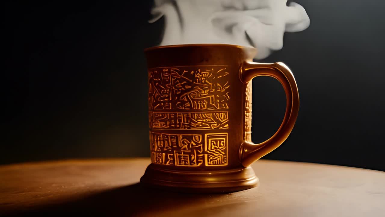 杯子上的雕刻描绘了复杂的图案,看起来像是某种古代的文字或是符号。蒸汽从杯子里缓缓升起,给整个场景增添了一种神秘的氛围。杯子放置在一个平滑的表面上,背景是单一的深色,使得金色杯子更加突出。光线柔和地照亮了杯子,使其细节得以展现。随着相机的移动,我们可以看到杯子上的每一个线条和形状,这些设计似乎蕴含着某种魔力。蒸汽的流动也为静态的画面增添了动态感。总的来说,这张图片给人一种魔法般的感觉,好像这个杯子不仅仅是一个普通的容器,而是一件拥有神秘力量的宝物。