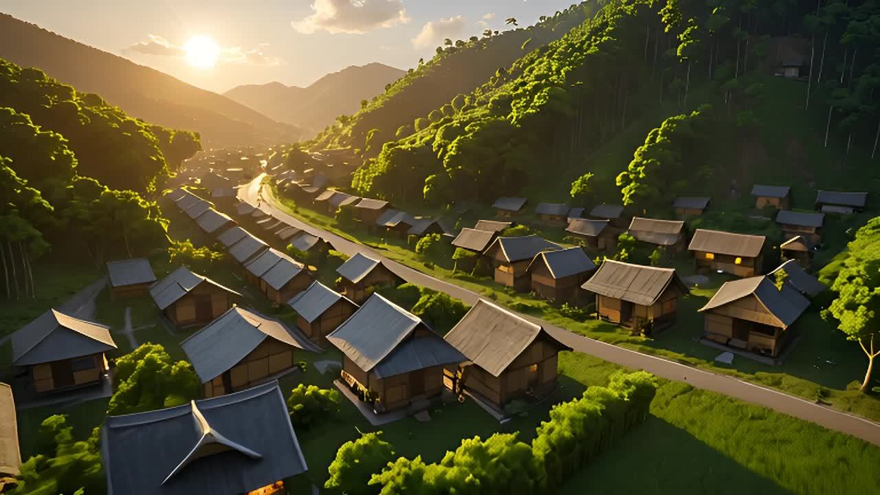 夕阳西下时分,坐落于山谷之中的古朴村落被金色的阳光所笼罩。村落的房屋错落有致地分布在绿色的稻田之间,屋顶上覆盖着青瓦,透出温馨的生活气息。一条蜿蜒的小路穿越村庄,连接着远处的山脉与天空。道路两旁绿树成荫,为村民们提供了阴凉处。远处,连绵起伏的山脉在夕阳的映照下显得格外壮观,山间的云雾缭绕,仿佛仙境一般。随着镜头逐渐拉近,可以看到房屋墙壁上的细节纹理,以及窗户透出的温暖光线。稻田里的稻穗低垂,随风摇曳,一片丰收的景象。整个画面充满了宁静与和谐的氛围,让人感受到大自然的美丽与人类的智慧相结合的魅力。