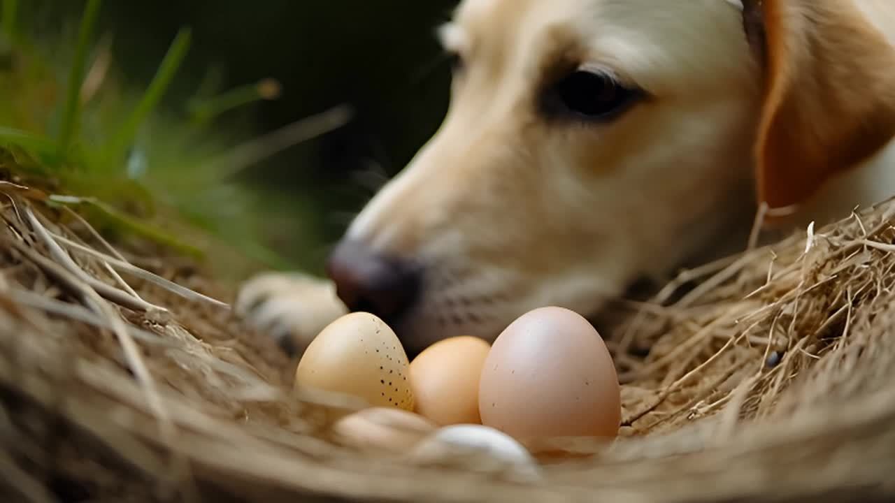 一只黄色的拉布拉多犬趴在草地上,守护着一窝四颗鸟蛋。特写镜头捕捉到了狗狗警惕的眼神和脆弱的鸟蛋。狗:黄色拉布拉多犬 巢穴:由稻草组成 鸡蛋:棕色、白色带斑点
