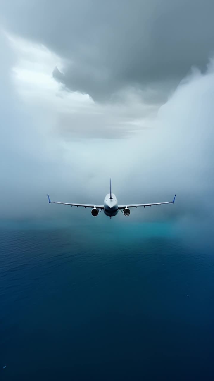 飞机掠过海洋上空：一架飞机低飞越过大片空旷的海域，