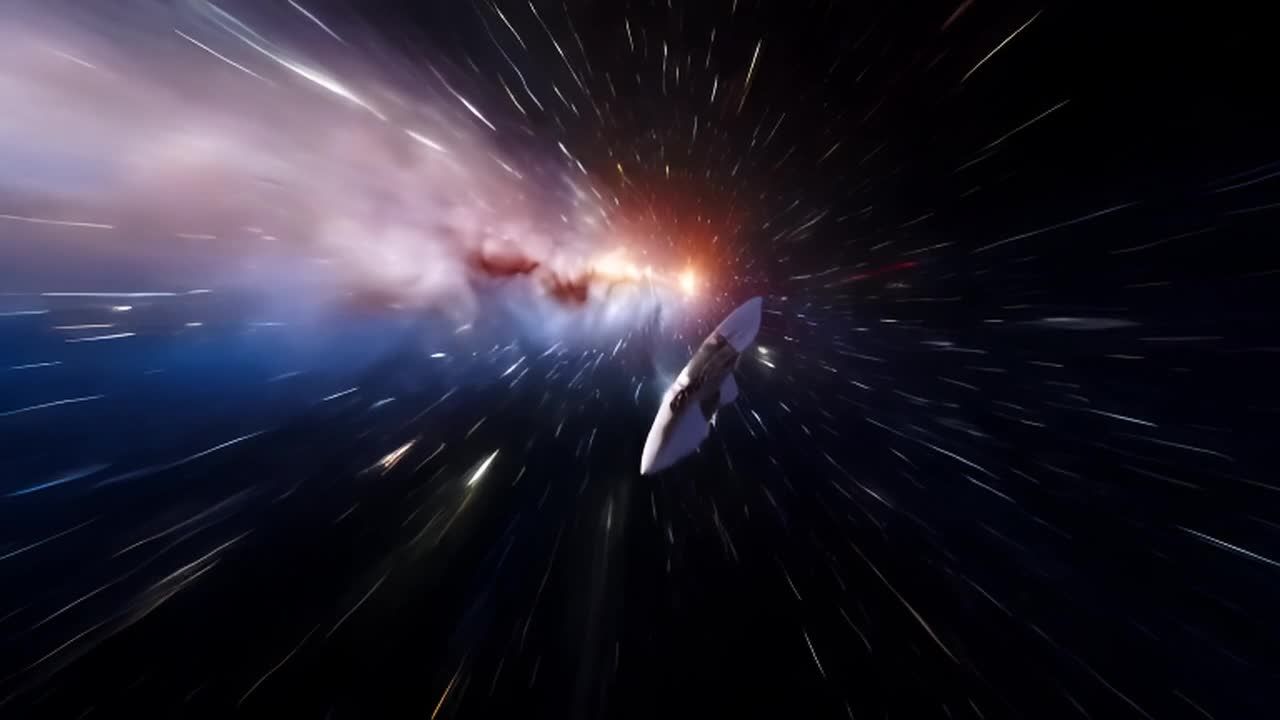 宇宙飞船穿越星际空间，恒星快速掠过。摄像机跟随飞船