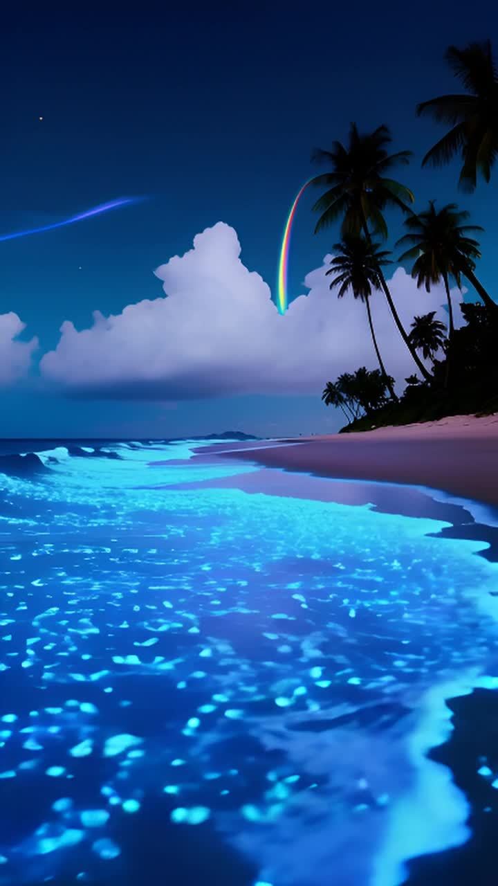 夜晚的海滩景色宁静而美丽。棕榈树轻轻摇曳着，伴随着