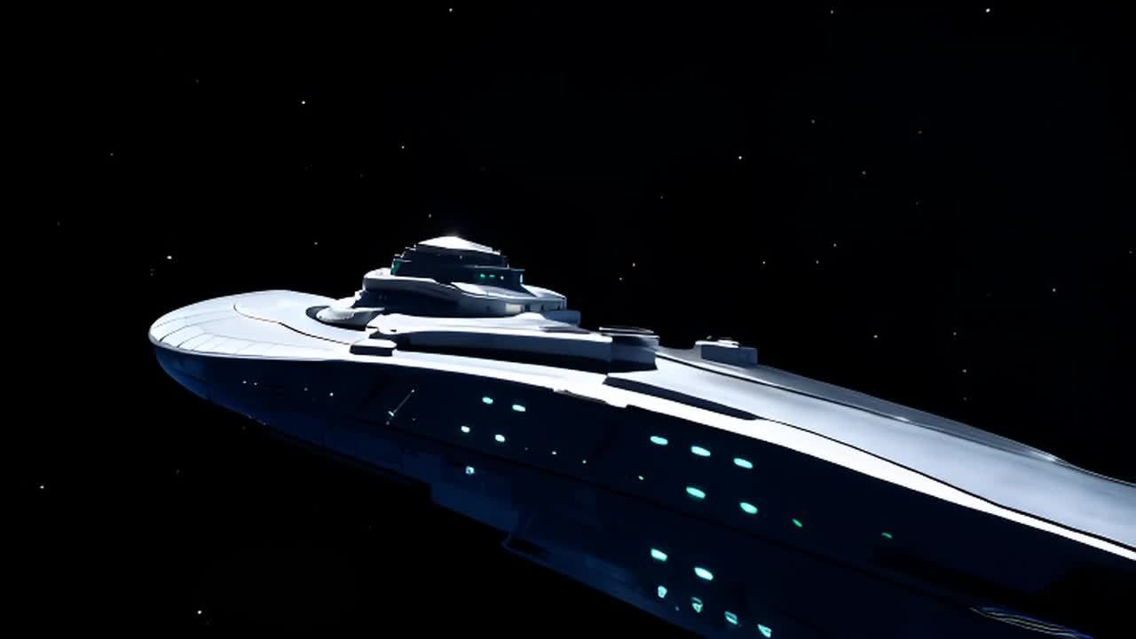 一艘巨大的宇宙飞船在星光璀璨的太空中滑行。飞船的外