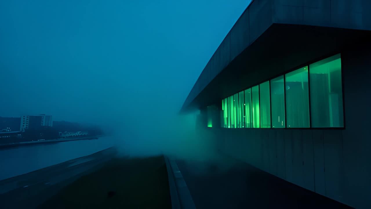 夜幕降临，一座现代风格的混凝土建筑矗立在浓雾之中。