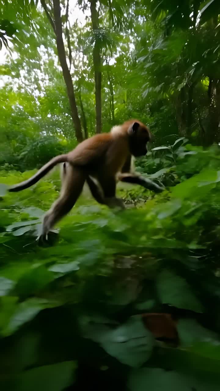 森林中的一只猴子正在跳跃。它从树枝跳到另一根树枝上