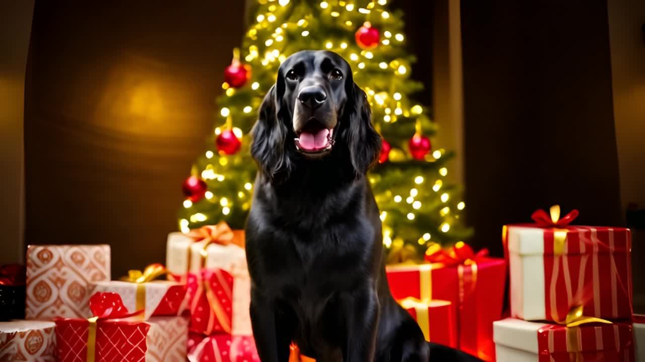 一只黑色的英国赛特犬坐在装饰着彩灯和红色装饰球的圣