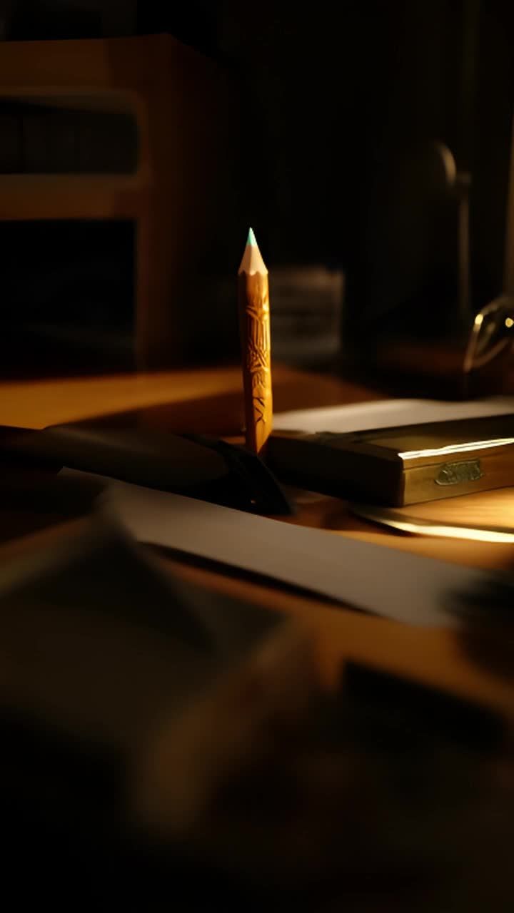 一支铅笔立在桌面上，笔尖发出微弱的光芒。桌面上还有