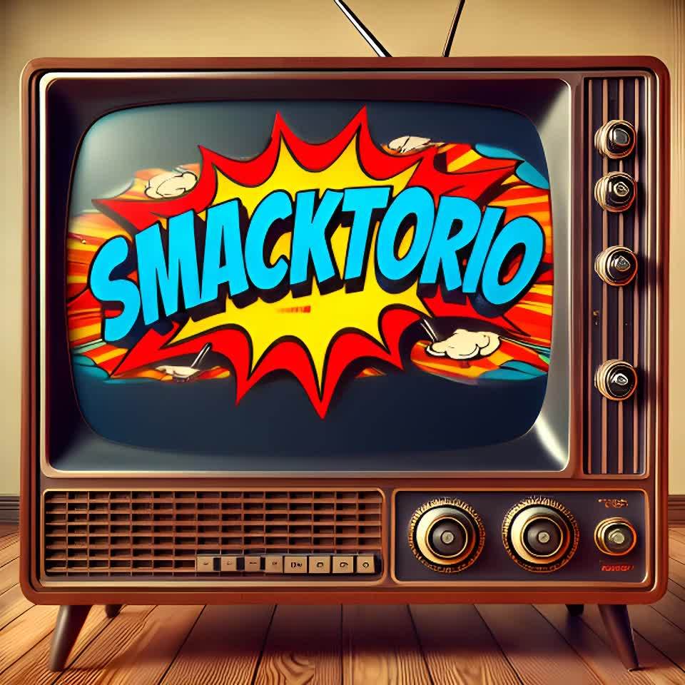一台棕色的老式电视机,屏幕上显示着蓝色的SMACK
