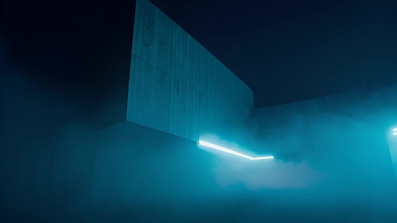 夜间，雾气笼罩着一栋单体混凝土建筑。这个现代建筑具