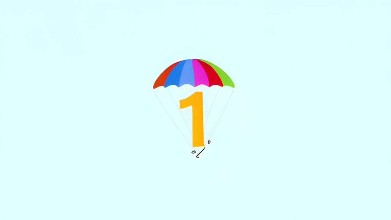 一个黄色的数字1悬挂在多彩的降落伞下，正在缓缓下降