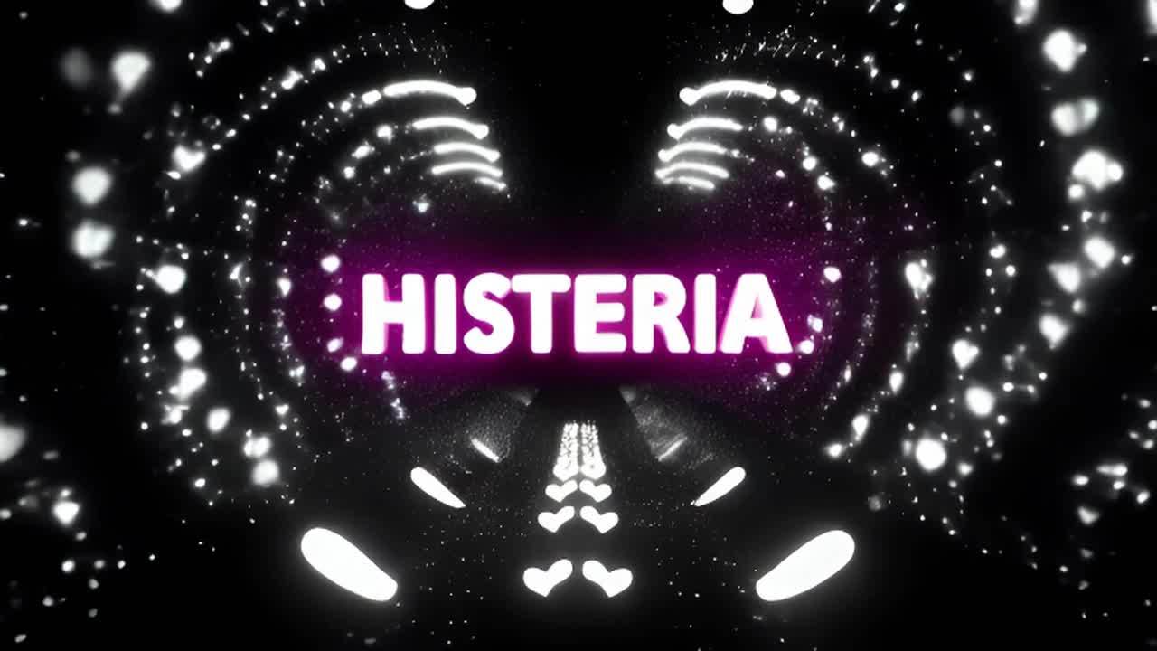 黑白霓虹灯心形隧道中，文本HISTERIA以粗体霓