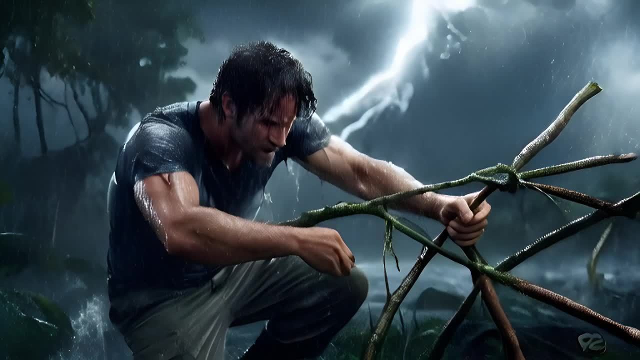 一个男人在暴雨中蹲着，正在将树枝捆绑在一起。他的头
