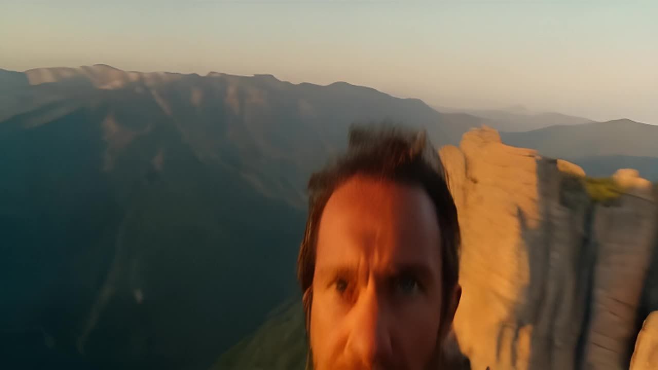 山脉在晨曦中显现，天空中呈现柔和的粉色和金色条纹。