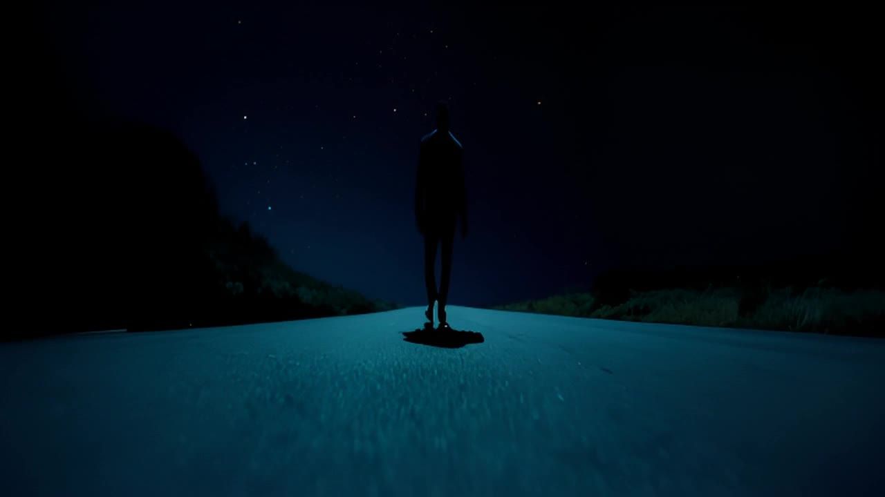 夜空中繁星点点，一条荒凉的道路延伸向远方。一个孤独