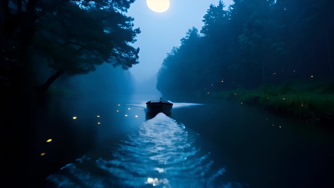一艘船在月光下穿过神秘的森林，河水上漂浮着发光的萤